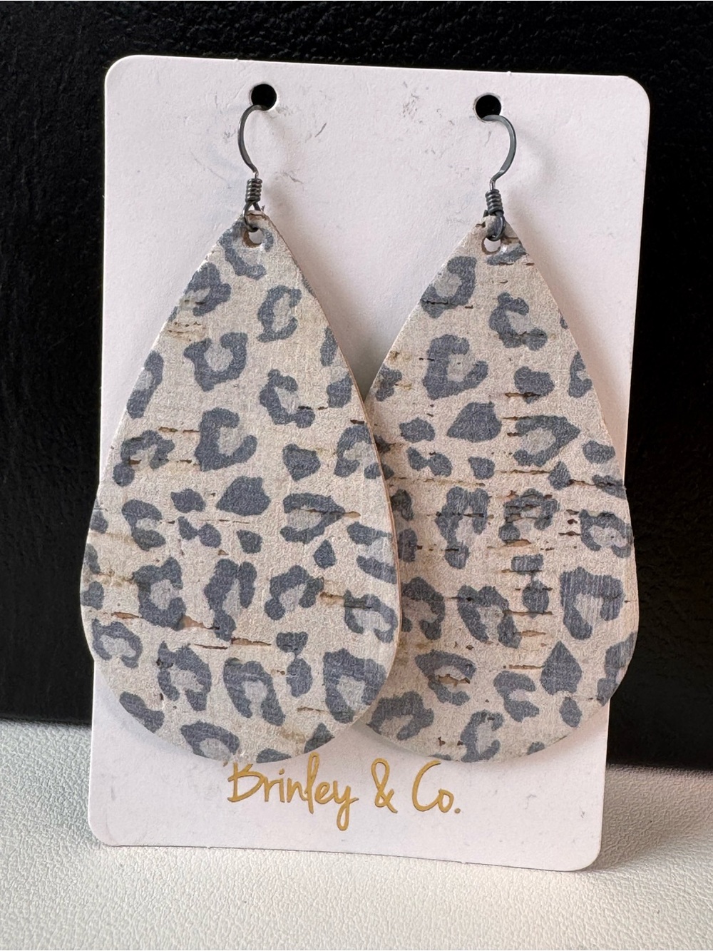 Gray Leopard Leather & Cork Teardrop Earrings - SKU G